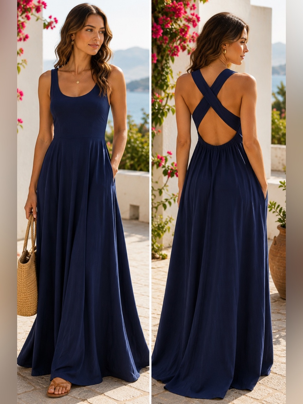 Pact Organic Cotton Fit & Flare Open Back Maxi Dress Navy M